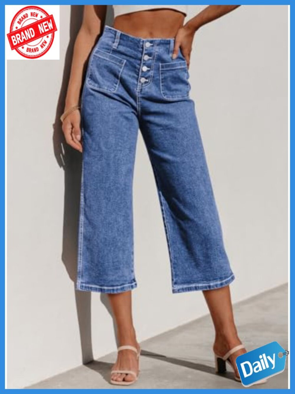 Wide Leg Capri Jeans High Waisted Stretchy Loose Cropped Summer Casual Work - Picture 3 of 5